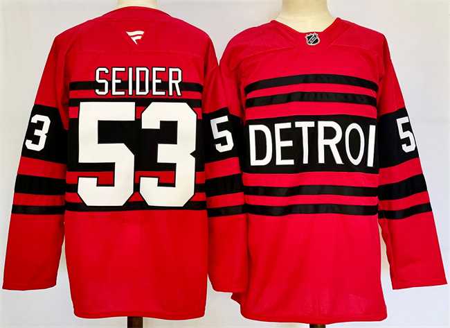 Mens Detroit Red Wings 53 Moritz Seider Red 2024-25 Reverse Retro Stitched Jersey